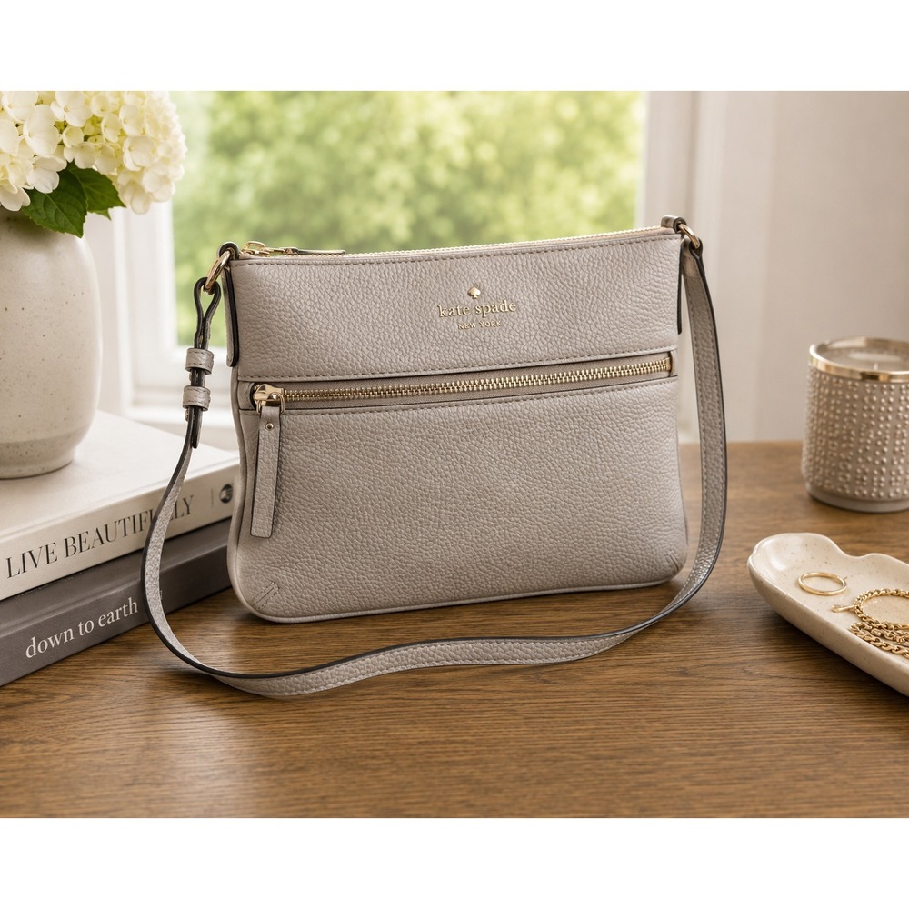 Kate Spade New York Pebbled Leather Gray Crossbody Shoulder Bag Zip Top